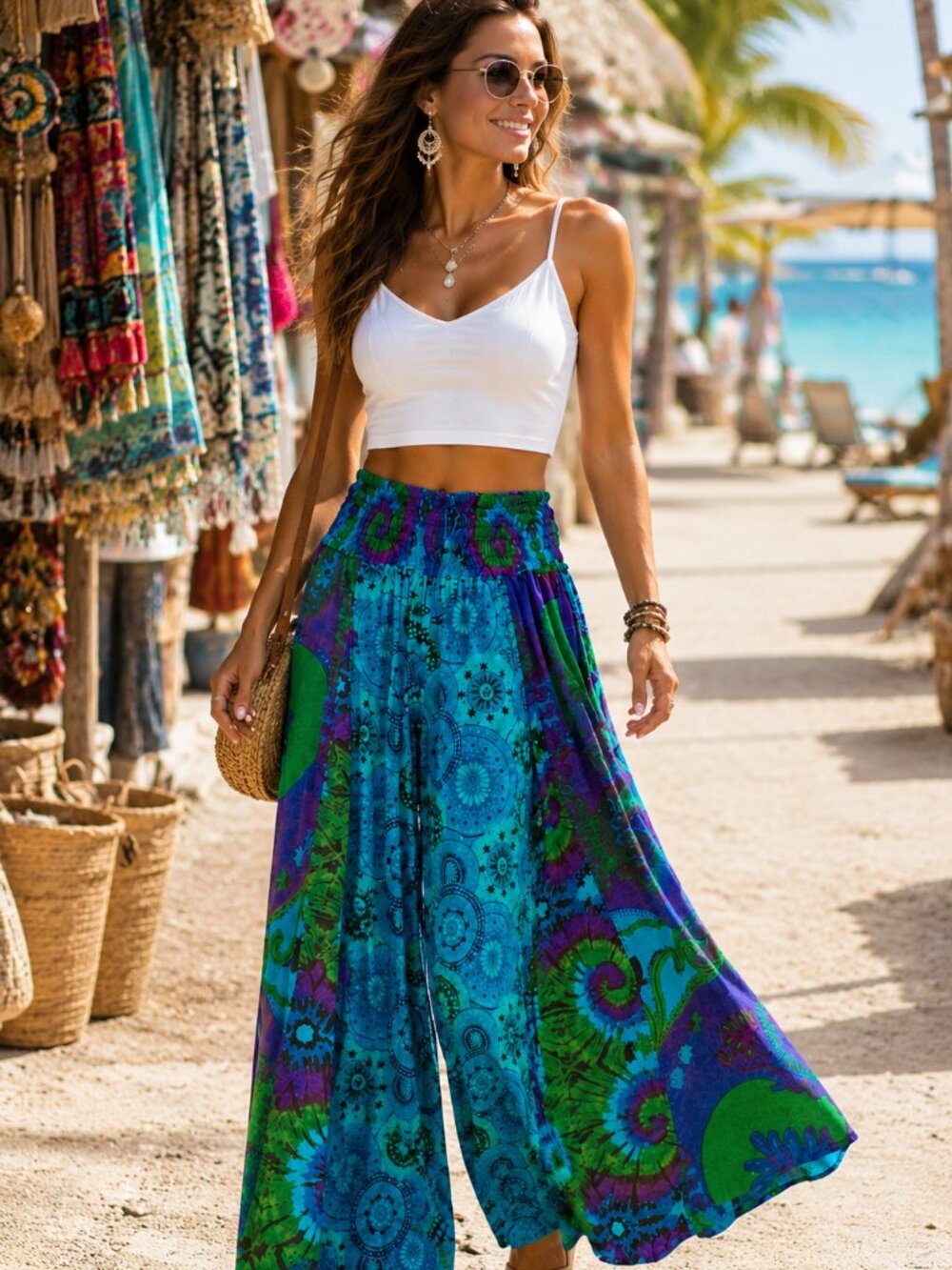 Boho Patchwork Wide Leg Palazzo Pants Blue Green Festival Resort One Size